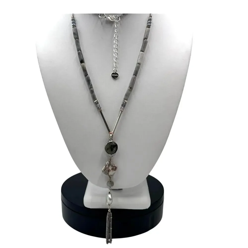 Nakamol Signed Gray Stone Faceted Beads Metal‎ Beaded Tassel Y Lariat Necklace